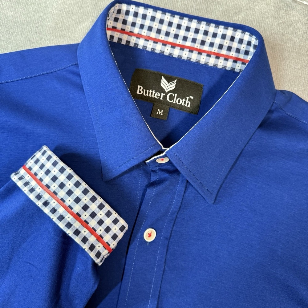 Butter Cloth Mens Medium Blue Stretch Button‎ Down Shirt Flip Cuff Soft EUC